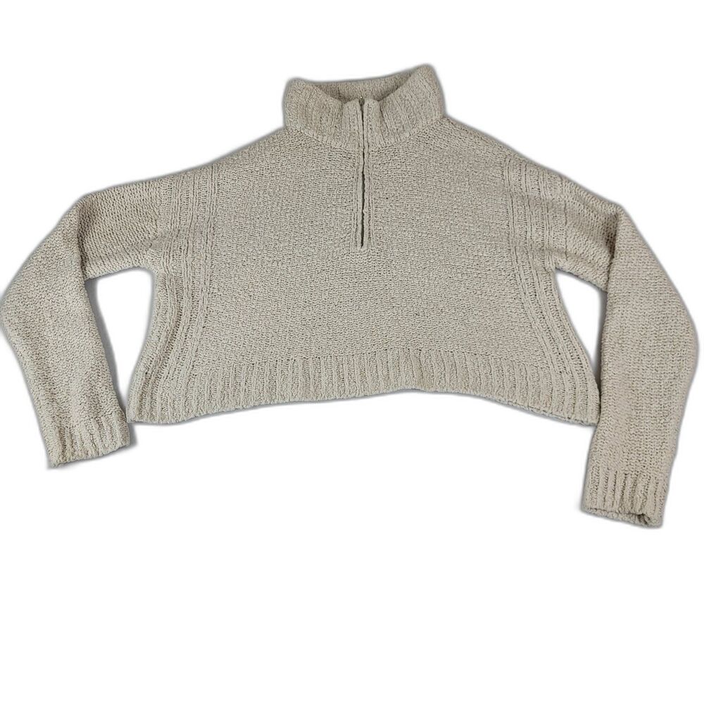 Aeropostale - Women's Zip Up Cropped Textured Sweater - Color: Cream Size Medium